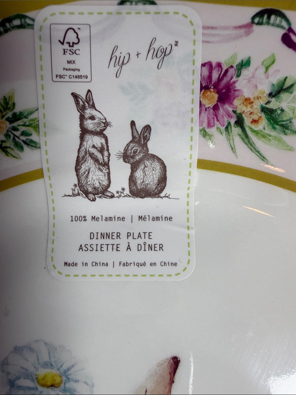 Melamine Dinner Plate - Yellow Floral Bunny Design Set of 6 Plates - Picture 2 of 5